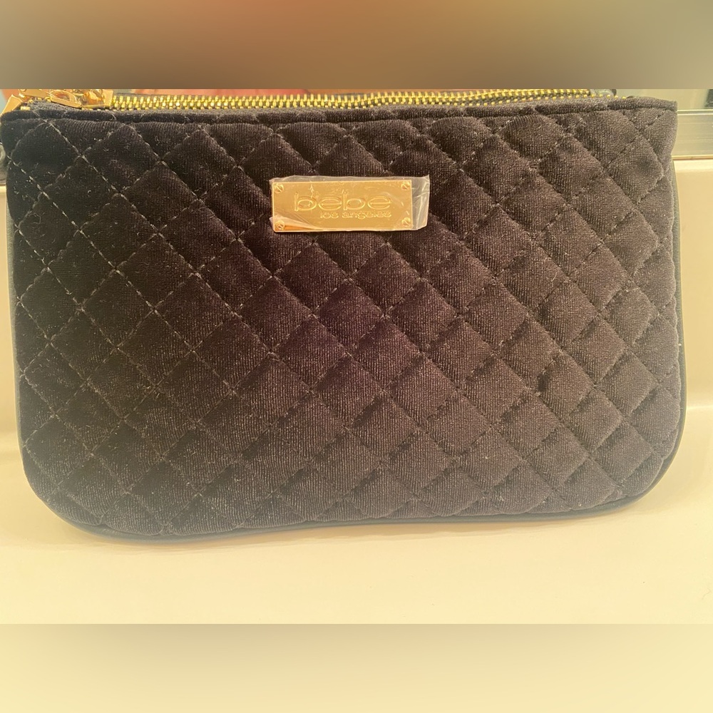 Bebe Black Quilted Velvet Clutch Bag with Gold Accents